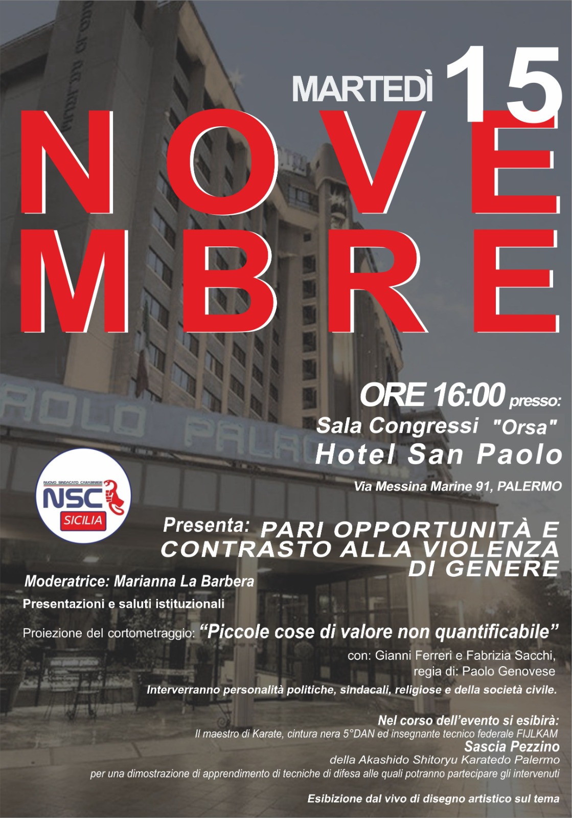 DONNE, DIRITTI, LOTTA ALLE DISCRIMINAZIONI E ALLE VIOLENZE DI GENERE: A PALERMO UN CONVEGNO A CURA DEL NUOVO SINDACATO CARABINIERI SICILIA
